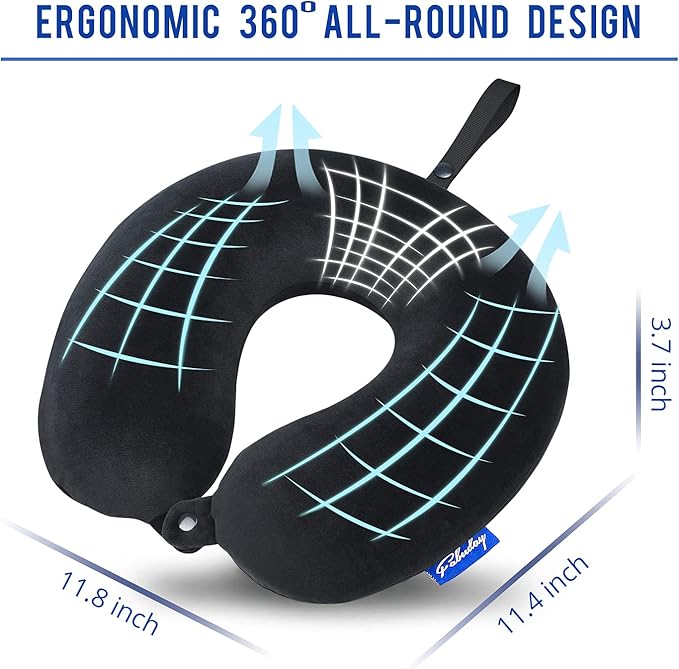 Fabuday Memory Foam Travel Pillows for Airplanes - Neck Pillow for Traveling with Attachable Snap Strap Soft Washable Cover, Flight Pillow for Sleeping, Car, Home, Office, Black