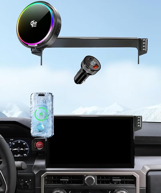 Qi2.2 25W Magnetic Car Mount Charger for 2024-2026 Toyota Tacoma/2025 2026 4Runner Accessories, for Fast Charging Cell Phone Holder 14 Inch Screen Fixed Clip with Cooling Fan＆54W Fast Adapter