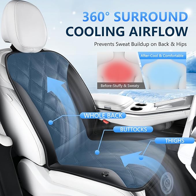 FLORICH Cooling Car Seat Cover 12V-24V Ventilated Cooling Car Seat Cushion with 3-Speed Adjustable Breathable Mesh & Leather Cooling Seat Pad Universal Fit Car SUV Truck Van for Summer Driving, Black