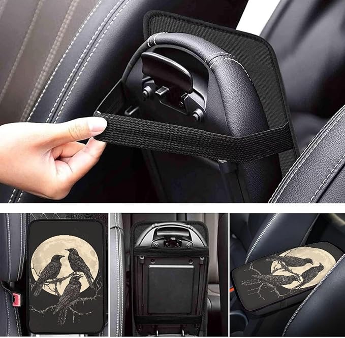 Suobstales Raven Moon Print Car Armrest Pad Soft Center Console Arm Rest Protector Cover Universal Car Interior Accessories Decoration