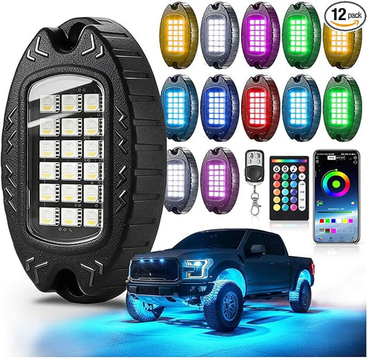 12Pods Heavy Duty Aluminum RGBW LED Rock Lights Kit for Trucks Pickup Jeep UTV ATV SXS Off-Road, APP/RF Remote, Plug and Play&Pre Wired IP67 Waterproof Multicolor Dual Zone 12V Underglow Accent Lights