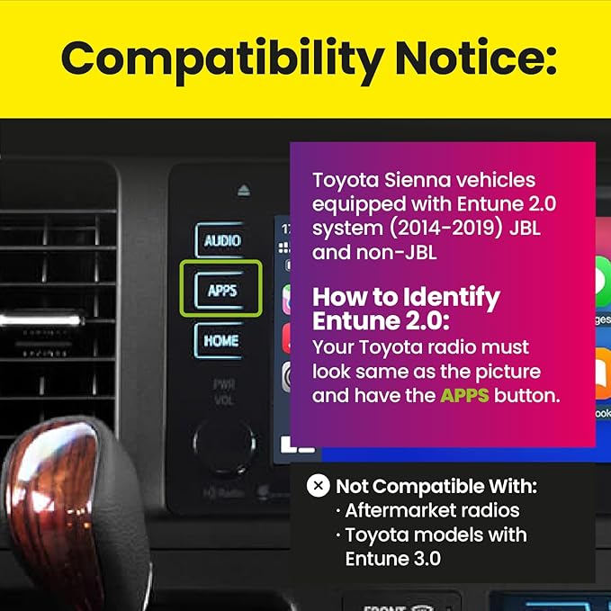 Wireless/Wired Adapter for CarPlay Android Auto Compatible with Toyota Sienna 2014-2019 Entune 2.0 High Definition Audio High Screen Resolution.