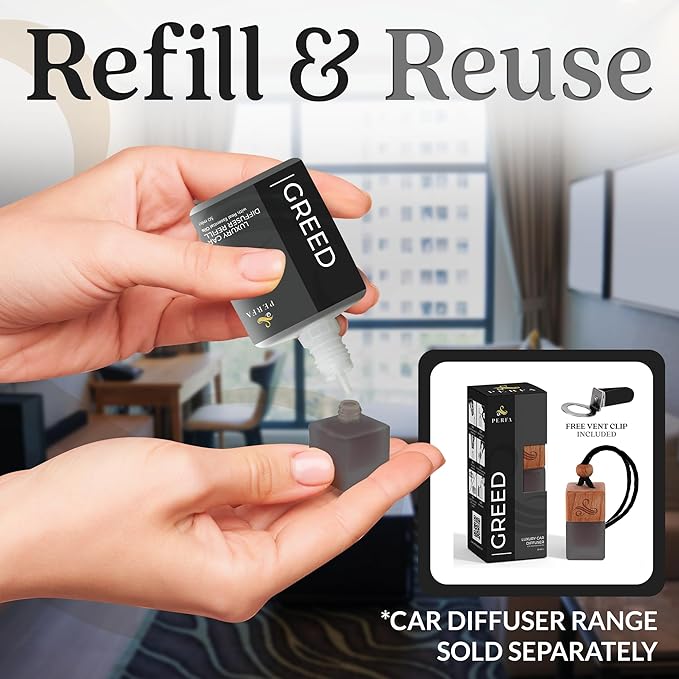 Greed Diffuser Refill 50ml Bottle | Strong Car Freshener with Car Odour Eliminator Technology | Long Lasting Automotive Car Air Freshener by Perfa