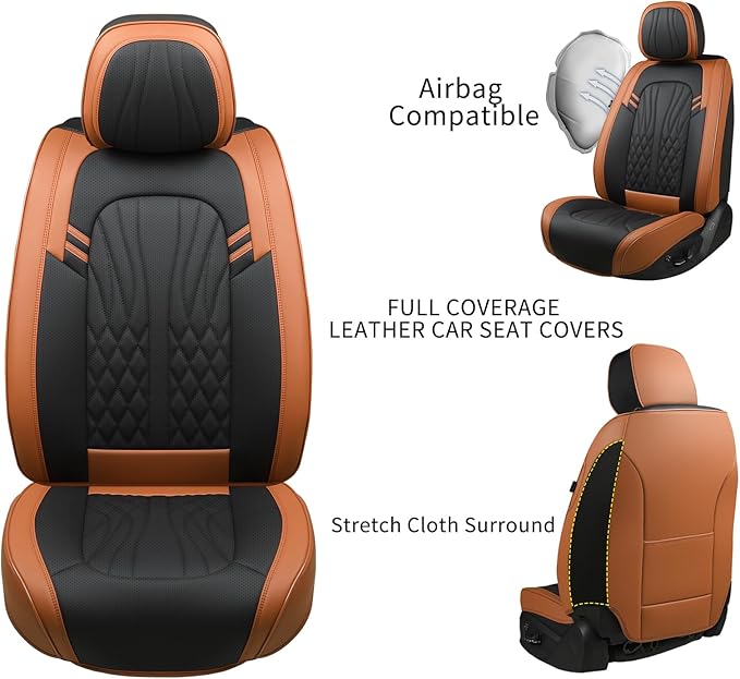 Leather Car Seat Covers,Car Seat Protector Waterproof,Seat Covers Full Set, Car Seat Protectors 5 Seats,Automotive Seat Covers Fit Most Cars Black&Brown