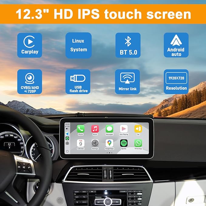 12.3 Inch Linux Car Touch Display Screen for Mercedes Benz 2012-2015 C A CLA GLA Class W204 W176 C117 X156 NTG4.5/4.7 System, Support iOS 26 CarPlay Android Auto Mirror Link
