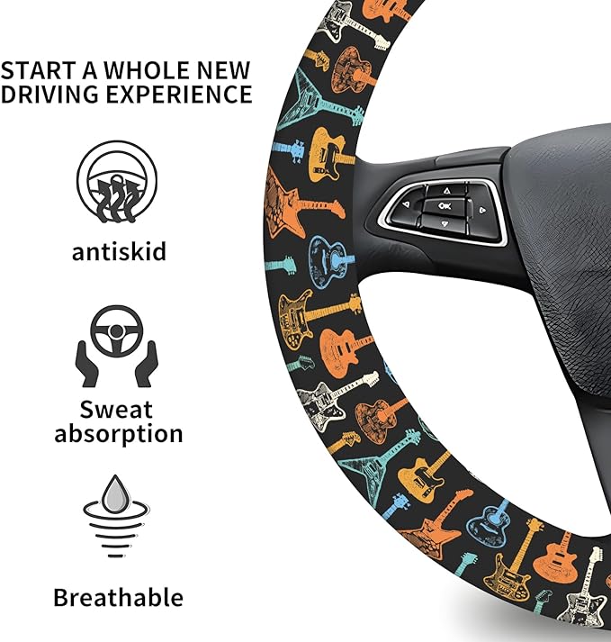 Elastic Car Steering Wheel Cover, Universal 15 inch Non-Slip Breathable Neoprene Steering Wheel Protector, Car Accessories for Women Men Fit Auto, Suvs, Truck Colorful Guitar Vibe