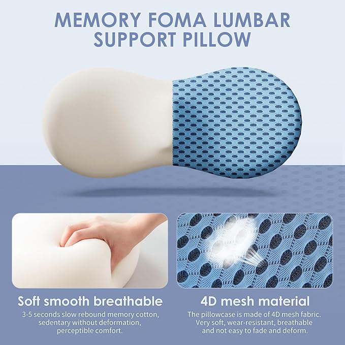 Lumbar Support Pillow, Memory Foam Lumbar Pillow for Lower Back Pain Relief, Back Support Pillow for Office Chair, Car Seat - Blue