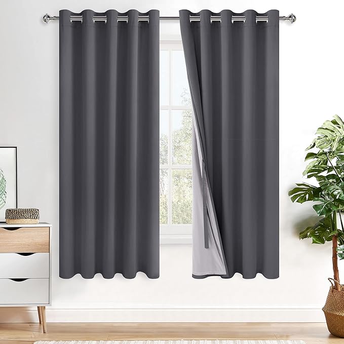 XWZO Extra Wide Full Blackout Curtain - Thermal Insulated Black Liner Curtains, Noise Reducing and Heat Blocking Drapes for Hall and Studio Windows with Tiebacks, Dark Grey, W60 x L63, Set of 2