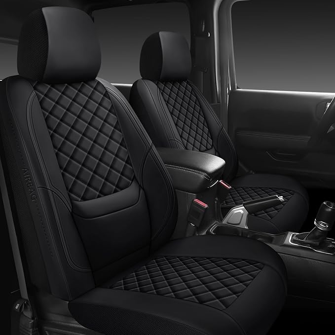 Wrangler Seat Covers 2007-2026 Front Pair, Waterproof Leather Interior Sets with Lumbar Support Custom Fit for Jeep Wrangler JK JL 2/4 Door Unlimited Sahara/Sport/Rubicon X 392 Willys, Black