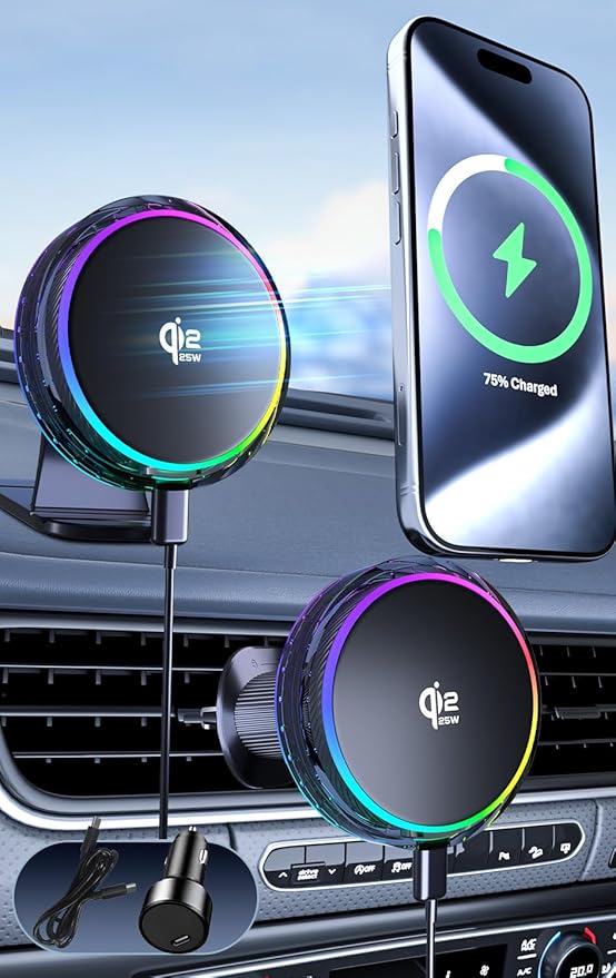 25W MagSafe Compatible Car Mount Charger with Air-Cooled, 3500gf Magnetic Phone Holder for iPhone and Android, Dash Air Vent with Rainbow Ambient Light Valentines Day Gifts