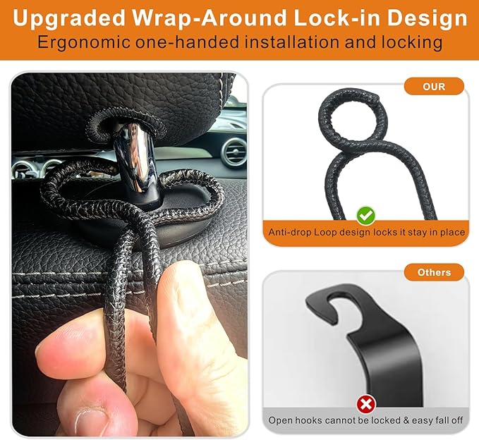 Idefair Car Headrest Hooks, 4 Pack Universal Car Hooks for Bag Purse Groceries, Heavy Duty Car Seat Back Storage Organizers Holds Up to 60LBS/Per Hook - Black Leather/2S+2L