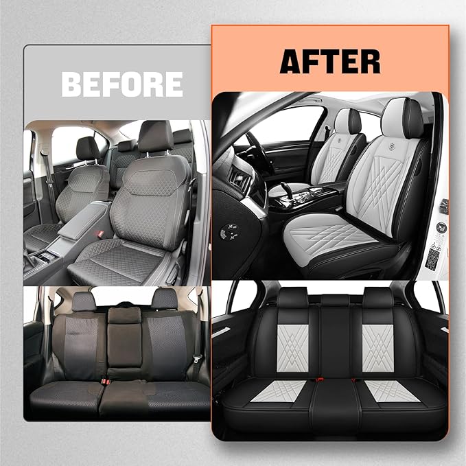 Car Seat Covers Compatible with Toyota Camry 2012-2026 Durable Waterproof Automotive Seat Covers Stretchable Fabric Material, Airbag Compatibility, Premium Nappa Leather(Black White, Full Set)