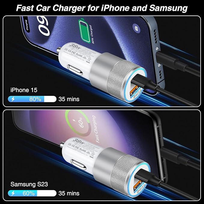 Car Charger, 5 Pack 38W Dual Ports USB-C & USB-A Cigarette Lighter Adapter Fast Charging Car Phone Charger for iPhone 16e 16 15 14 13, Samsung S25 S24, Pixel Cargador para Carro Phone Plug for Car