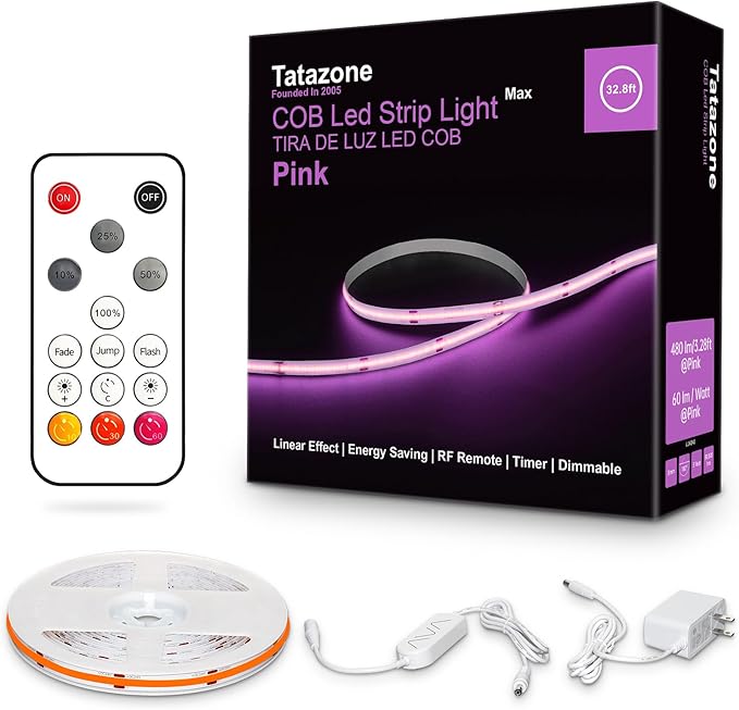 Tatazone 32.8ft Pink COB Led Strip Lights with RF Remote, Dimmable Bright Adhesive Indoor Led COB Light Strip for Cabinet, Painting, Room, Bed