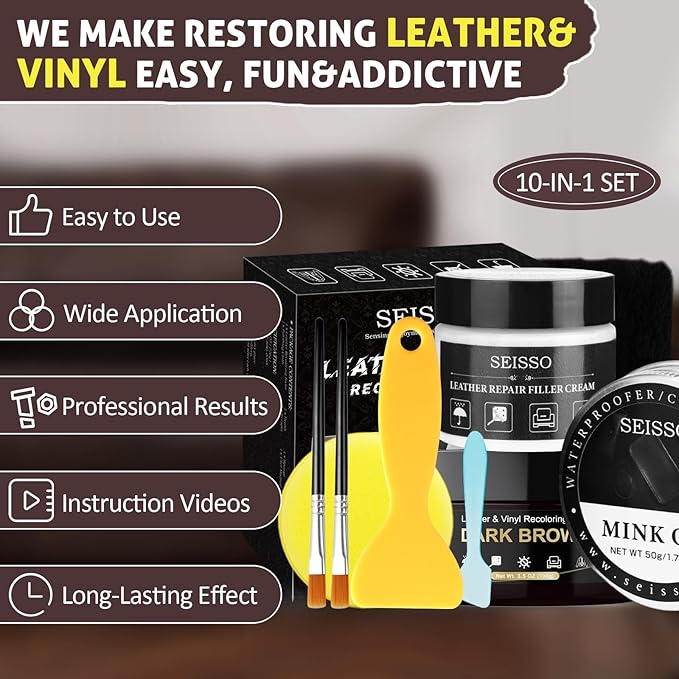 SEISSO Leather Repair Kit for Furniture, Dark Brown Vinyl Repair Kit with Mink Oil Car Interior Leather Recoloring Balm for Scratches, Fading Shoes, Car Seat, Sofa
