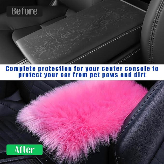 Furry Car Center Console Cover, 11.8"×7.9" Sheepskin Wool Armrest Box Cushion Pad, Comfort Soft Auto Center Console Protector, Interior Decor Accessories for Most Vehicles (Dark Pink)