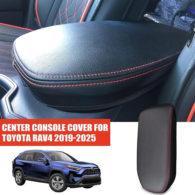 Center Console Cover for Toyota RAV4 2025 2024 2023 2022 2021 2020 2019 - Leather Middle Armrest Cover for Toyota RAV4 Interior Accessories (Red Stitches)