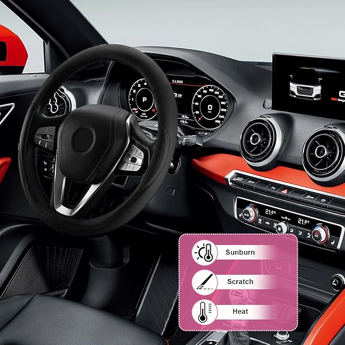 Car Steering Wheel Cover, Universal 15" Anti-Slip Auto Steering Wheel Protector for Men Women, Breathable Odor Free Leather Steering Wheel Car Accessories Fit Most Vehicles (Black)