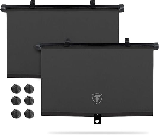 Firestone 2 Pack Retractable Automotive Sunshade Car Window Sunshades - Blocks 99% UV Rays, Lightweight & Compact Car Side Window Shade with Automatic Retract Button, Blocks Glare & Heat, Black