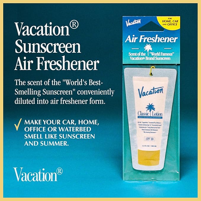 Vacation Hanging Air Freshener, Award-Winning Signature Sunscreen Scent, Deodorizer for Car, Home & Office (Pack of 3)