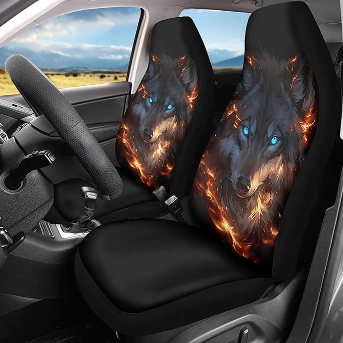 Car Seat Covers Front Seats Only Breathable Fire Wolf Cool Car Seat Cover for Additional Protection Fashion Auto Interior Accessories Easy Installation Universal Fit Most Cars