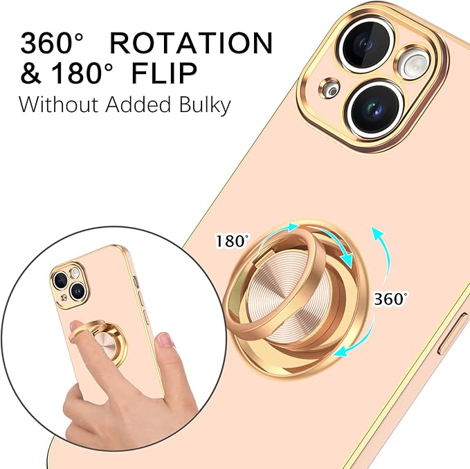 VENINGO Compatible with iPhone 14 Case, Slim Fit Soft 360° Ring Holder Kickstand Magnetic Car Mount Supported Easy Clean Shockproof Protective Phone Cover for iPhone 14 6.1" 2022, Pink/Golden