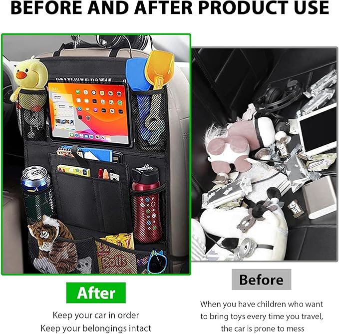 2PCS Car Backseat Organizer, Multi-Pocket Back Seat Protector with 10.2" Tablet Holder, Waterproof Oxford Fabric Storage Bag Auto Kick Mat for Kids Toddlers (A Regular Style)