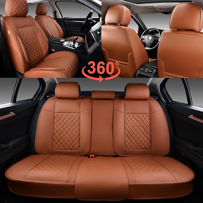 Auto Car Seat Covers Full Set Leather Cushion Protector Breathable Waterproof Seat Cover for Cars Universal Fit (Mature Brown, Full Set Without Headrest)