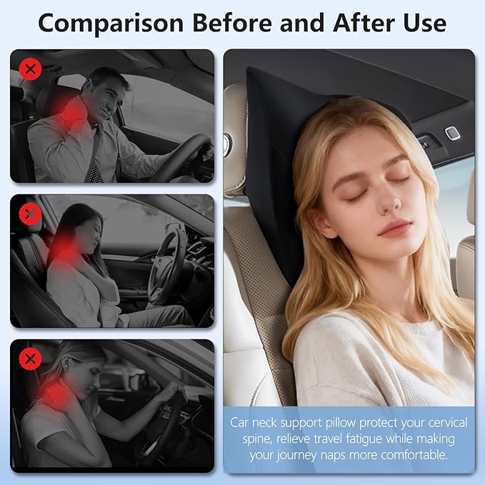 BABUR Car Headrest Pillow | Ergonomic Memory Foam Neck Shoulder Support Pillow with Adjustable Design & Enlarged Surface | Pain Relief for Driving Travel Sleeping | Black 1 Pack