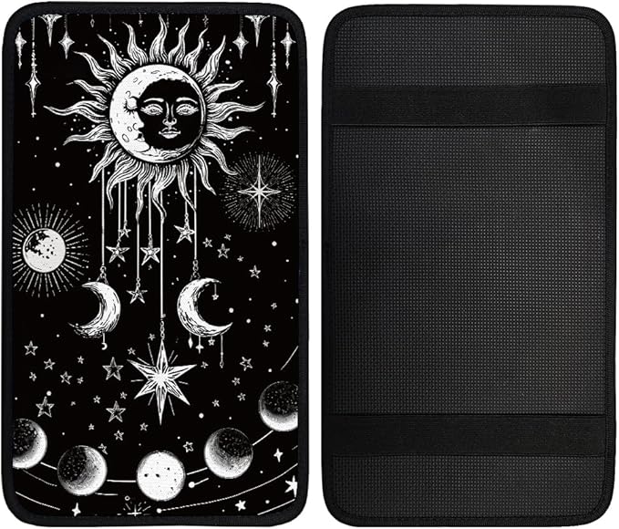 1pc Center Console Armrest Cover Pad 12.6x7.5 inch Sun Moon Star Neoprene Car Armrest Cushion Waterproof Armrests Seat Box Cover Protector for Universal Cars Vehicles SUVs
