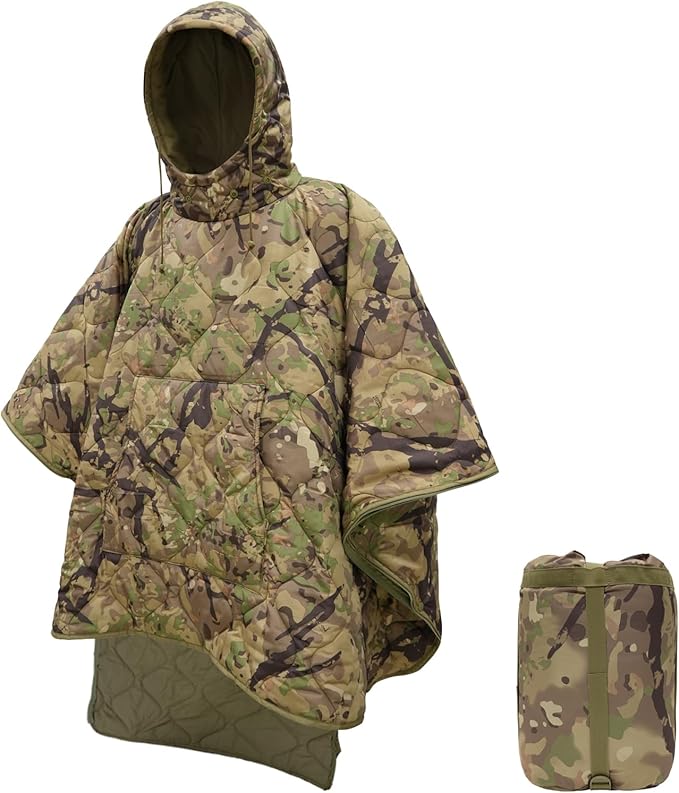 Poncho Liner Hoodie with Pocket Insulated Military Sleeping Bag Waterproof for Outdoor Camping Travel Survival Hunting Car Emergency