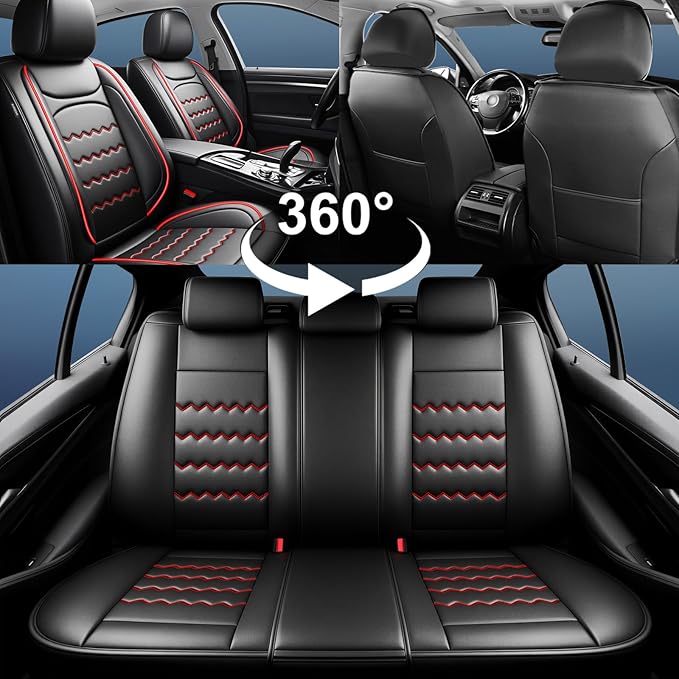 Car Seat Covers Fit for Mazda 3 2007-2025 2026, Premium Leather, Full Coverage Leather Waterproof Breathable Seat Cover, Automotive Seat Protectors, Airbag Compatible(Full Set Seats, Black Red)