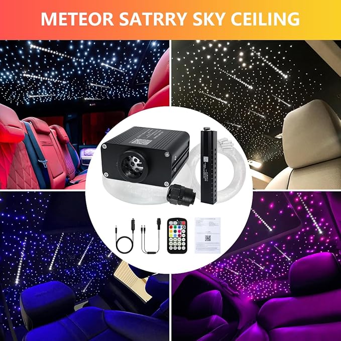 16W Car Home Starlight Headliner Kit, Twinkle & Sound Activate RGBW Fiber Optic Lights with APP & Remote Control, Shooting Star Lights for Ceiling Decoration, 600 pcs 9.8ft