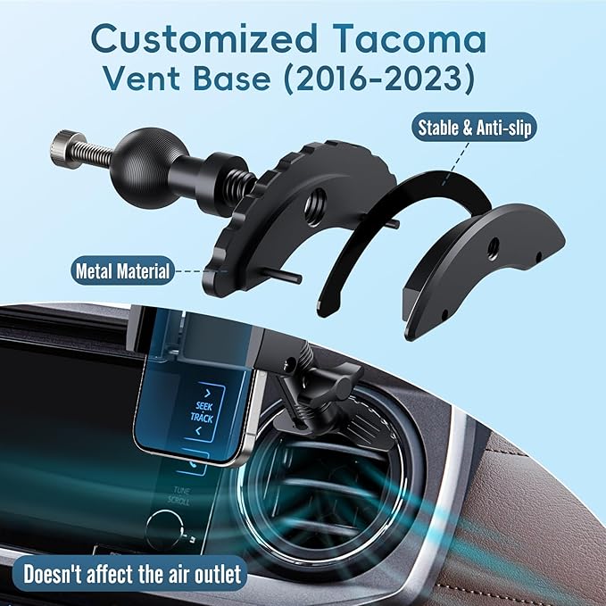 Upgraded Vent Metal Phone Mount for Tacoma 2016 -2023 and 2014-2021 Toyota Tundra, 3rd Gen Toyota Tacoma Cell Phone Cradles with 360° Adjustable Double Socket Metal Arm Fit for All Smartphones