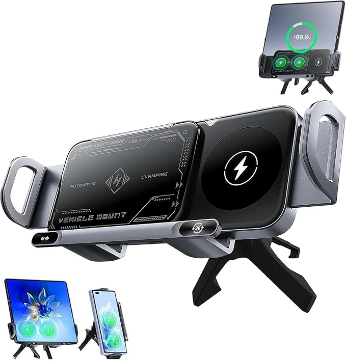 Wireless Charging Rotating Car Mount,Smart 2-in-1 Auto-Rotating Car Phone Holder & Wireless Charger,Foldable with 15W Fast Charging,Compatible with iPhone & Samsung Devices & Smartphone & Pad (Gray)
