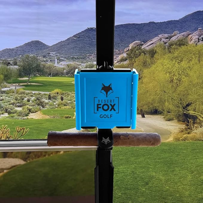 Desert Fox Golf Phone Caddy + Cigar Holder – Adjustable Golf Cart Phone Mount with Secure Cigar Clip – Hands-Free GPS & Golf App Access – Fits All Phones & Cigars (Blue)