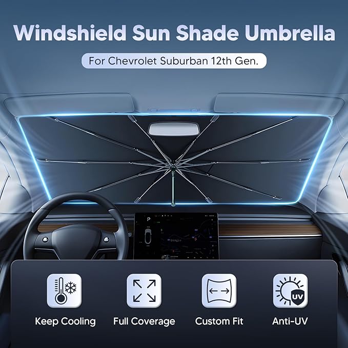 Autorder Windshield Sun Shade Umbrella for 2021-2026 Chevy Chevrolet Suburban Accessories,Upgraded Ice Crystal Material,Easy Setup Umbrella Sunshade for Car Windshield,100% Sun Blocking