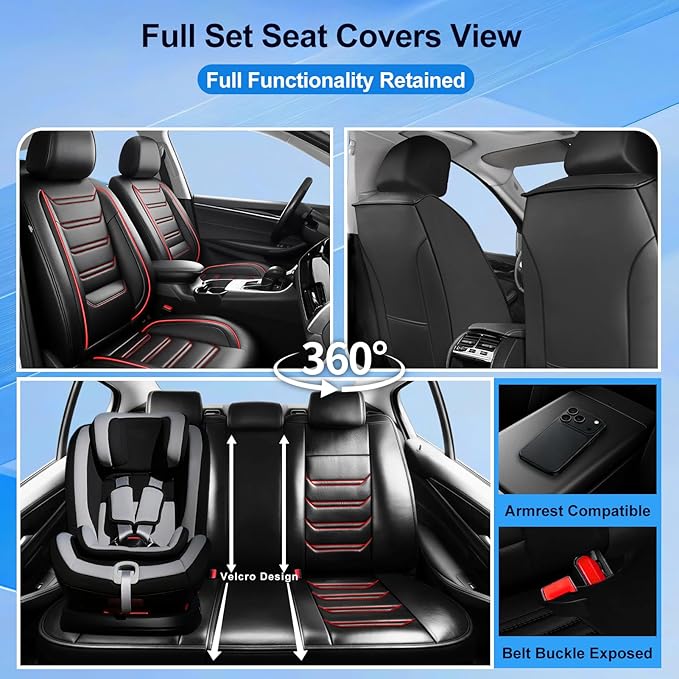 Fit HR-V Car Seat Covers (Front Pair) for Select Honda HRV 2016-2025 2026 LX/EX/EXL/Sport - Full Coverage Leather, Waterproof & All Weather Seat Cushion Protector, Black with Red Trim