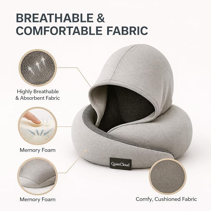 Travel Neck Pillow Hooded Memory Foam 360° Head & Chin Support, Lightweight Breathable Adjustable Fit Travel Neck Pillow with Eye Mask, Earplugs & Carry Bag for Airplanes, Car, Bus, Train & Long Trips