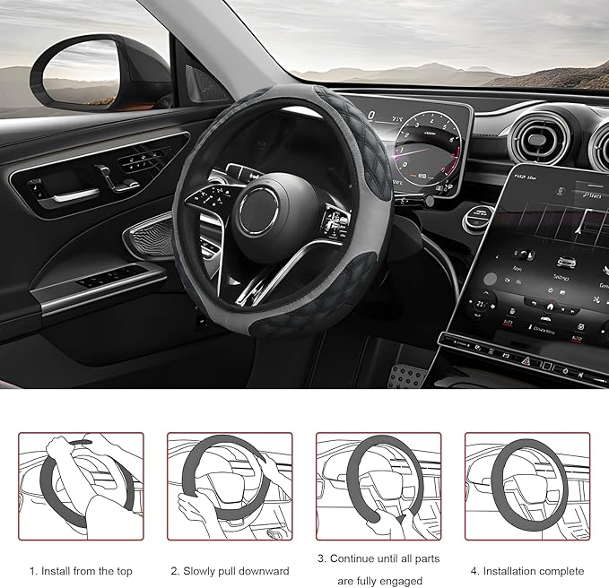 Car Steering Wheel Cover, 15 Inch Elastic Comfortable Auto Steering Wheel Protector, Anti-Slip Leather Wheel Cover Fashionable Interior Accessories for Most Cars Trucks SUVs (Gray)