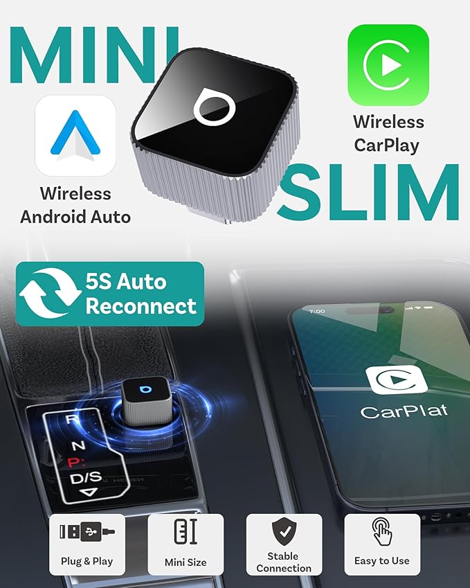 OTTOCAST Mini Cube 3.0 USB C Wireless CarPlay & Android Auto Adapter 2026– Plug & Play, Fast Auto-Reconnect (Silver)