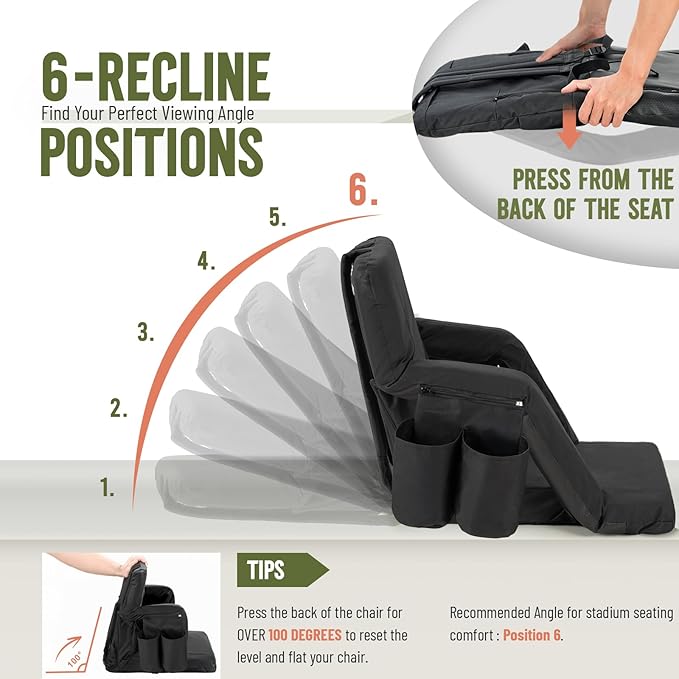 Overmont Heated Stadium Seat with Back Support – 3 Heat Levels, Dual-Zone Independent Control, 6-Position Recliner, Wide Cushion Dual Hooks Multiple Pockets – Bleacher Chair for Sport Camping Concerts
