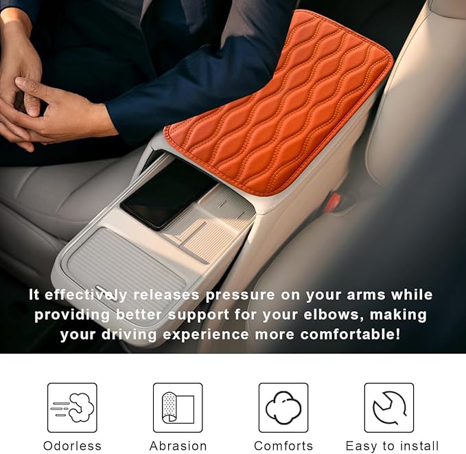 Car Center Console Cushion Pad, 12.48×7.40 Inches Waterproof Car Armrest Seat Box Cover, Comfortable PU Leather Vehicle Armrest Cover Protector, Car Decor Interior Accessories (Orange)