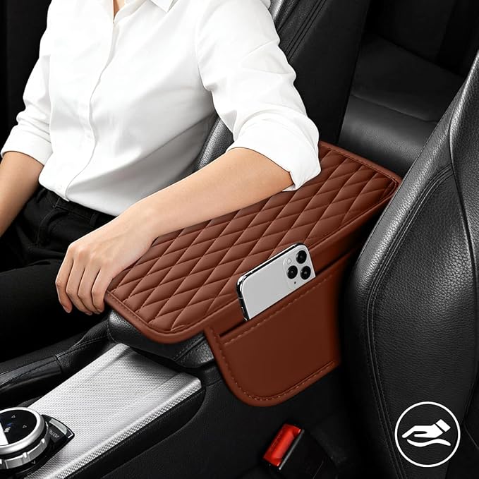 Car Armrest Cushion Pad, Leather Vehicle Center Console Cover with 2 Storage Bags, Non-Slip Automotive Interior Arm Rest Seat Box Cover Accessories, Universal for SUV RV Sedan (Brown)