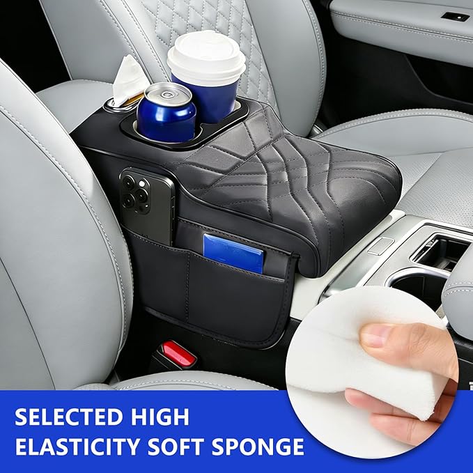 Upgraded Car Center Console Cover,PU Leather Car Armrest Cover Cushion Contains High Elasticity Sponge with 2 Storage Bags Tissue Box (Black-A)