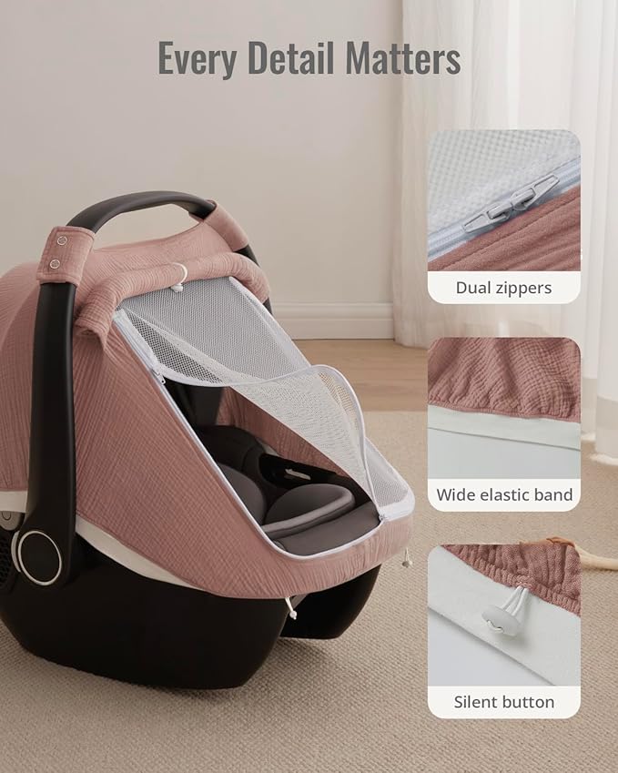 Blissful Diary Baby Car Seat Cover, Extra Large Mesh Window, Breathable Muslin Cotton, Infant Windproof Canopy-Dusty Pink
