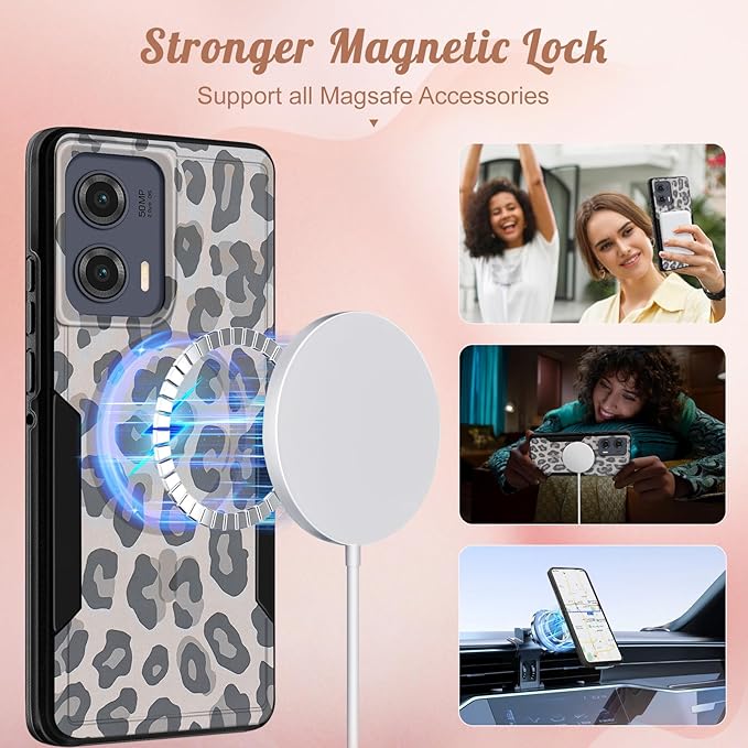 for Moto Edge 2024 Case - Compatible with MagSafe Women Girls Cute Magnetic Protective Phone Cover Cool Fun Unique Leopard Heavy Duty Shockproof Design for Motorola Moto Edge 2024 Cases