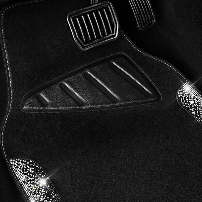 CAR PASS Bling Car Mats Shining Diamond Carpet Crystal Rhinestone Sparkly Glitter Floor Mats with Anti-Slip PVC Pad Universal Fit Automotive SUV,Sedan,Van,4pcs for Girl Women, Black Sliver Diamond