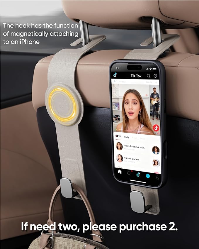 Car Headrest Hook with Swivel Magnet Phone Holder for Magsafe, 2-in-1 Double Hooks Hanger for Purse Bag, 360° Rotating Hands-Free Car Accessories for Handbag Coat Umbrella(1 Pack Milkshake White)