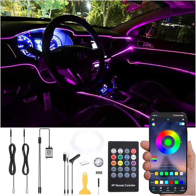 Car Interior Strip Lights, 2 in 1 Multicolor RGB Car Ambient Lighting Kit, 3m Fiber Optic EL Neon Tube Light, DIY Mode Music Sync RF Remote Control + APP Control DC 12V